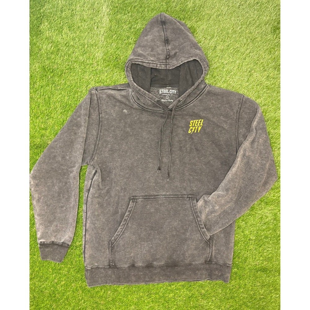Steel City Pittsburgh Mens Mineral Wash Hoodie Charcoal Gray Yellow Logo Size L